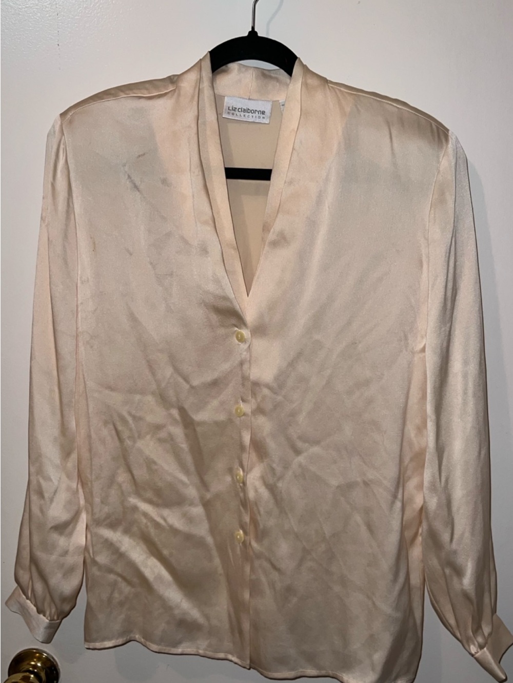 Vintage Liz Claiborne Pale Cream Satin V-Neck Button Blouse